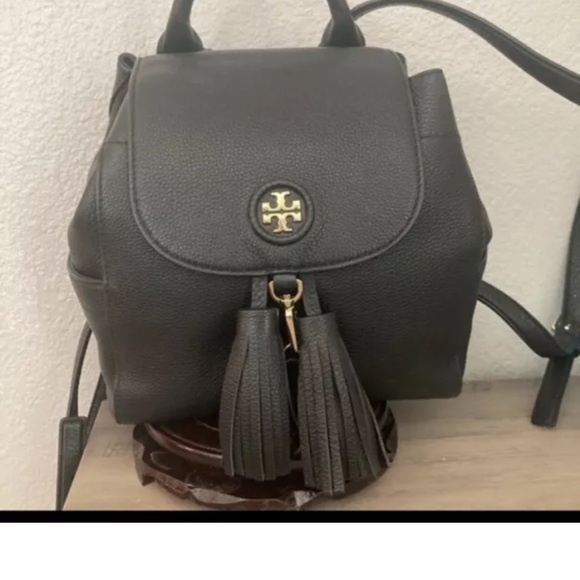 Beautifully black leather Tory Burch whipstitch backpack EUC - Picture 2 of 10